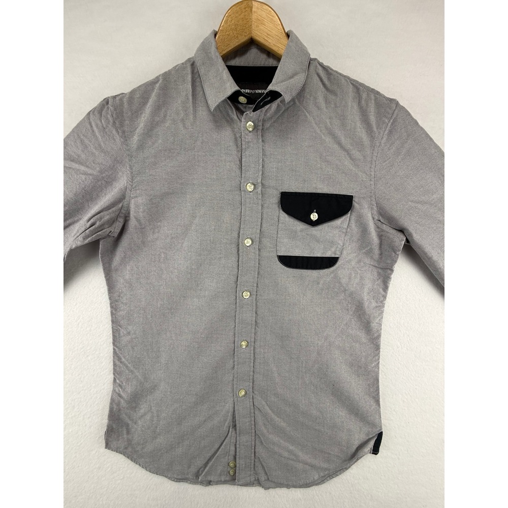 Emporio Armani Shirt Mens 15.5 Gray Long Sleeve Contrast Pocket Button Down